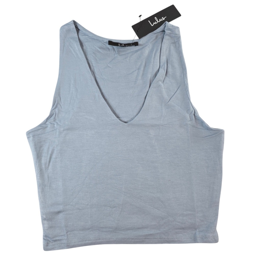Lulus Women Medium Blue Tank Top V-Neck Cropped Sleeveless Racerback Jersey